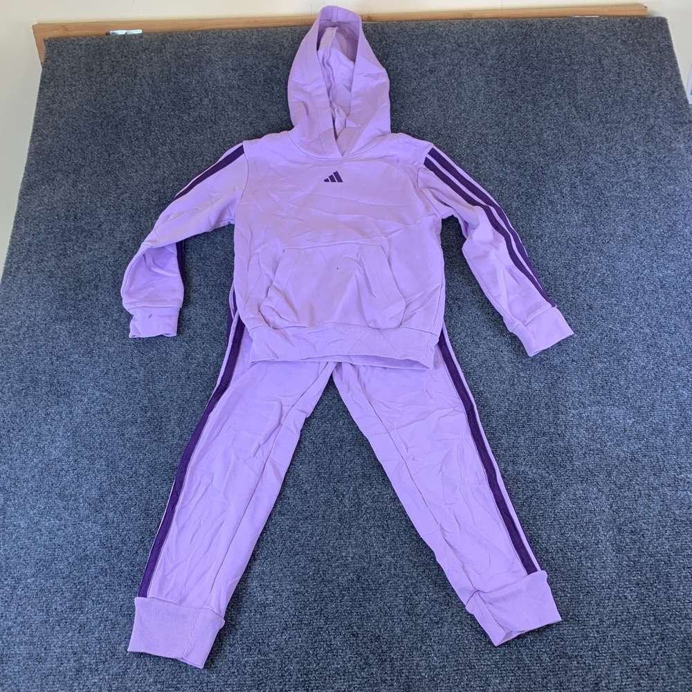 Adidas Hoodie & Pants Set Girls 7 Purple Good Fleece Lined 3 Stripes Tracksuit